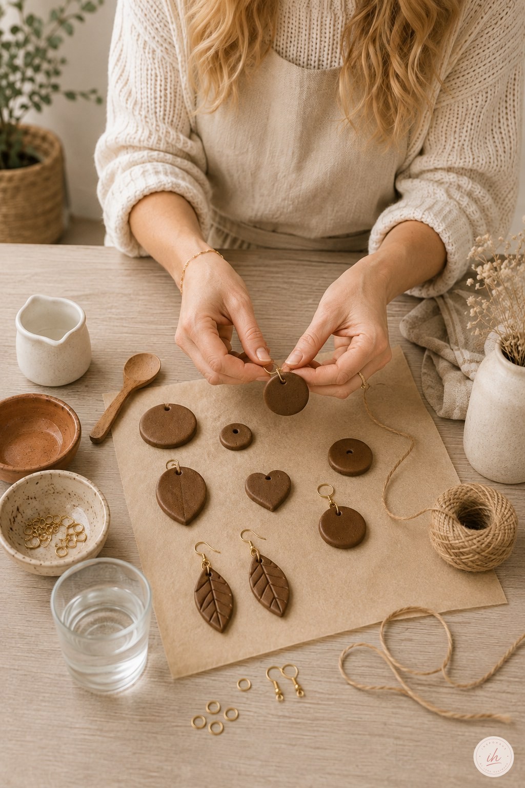 Ohrhaken und Ringe werden an fertig getrockneten Kaffee-Knete DIY Schmuck Teilen montiert