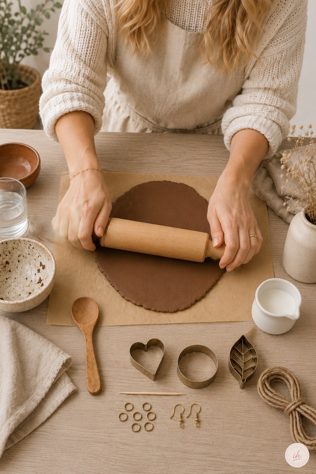Kaffee-Knete DIY Schmuck Teig wird von Hand mit Nudelholz auf dem Küchentisch ausgerollt