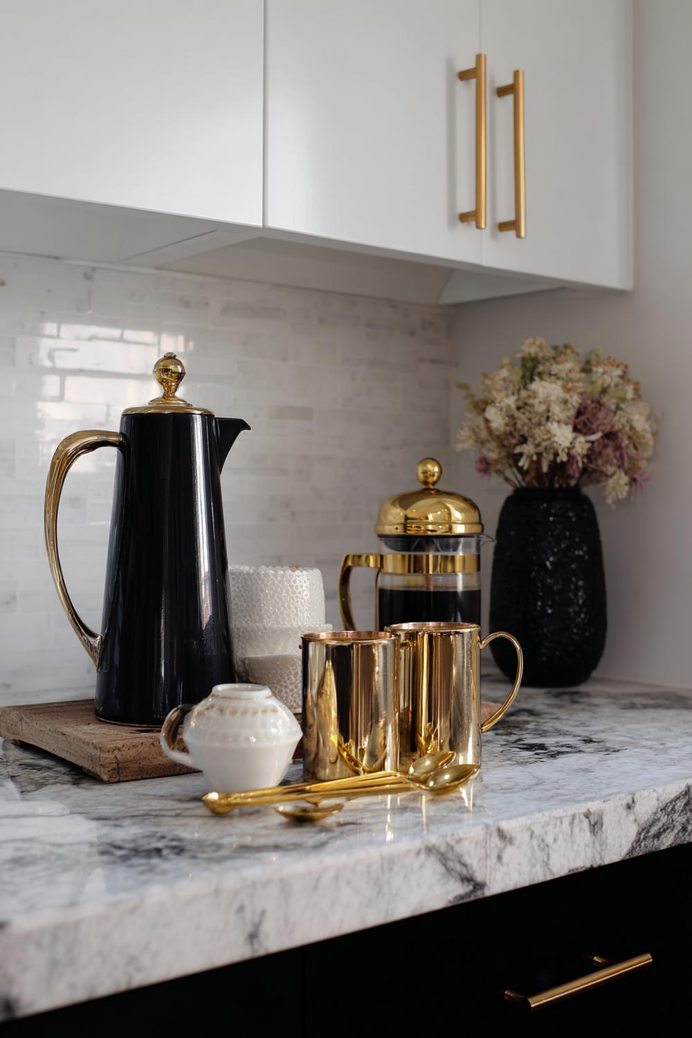 10. Kaffeeecke mit Natursteinplatte und goldenen Löffeln als Glam-Akzent