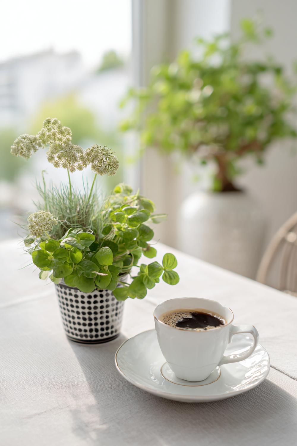 16. Kaffeeecke mit Pflanzenarrangement und hellem Holzrahmen-Spiegel
