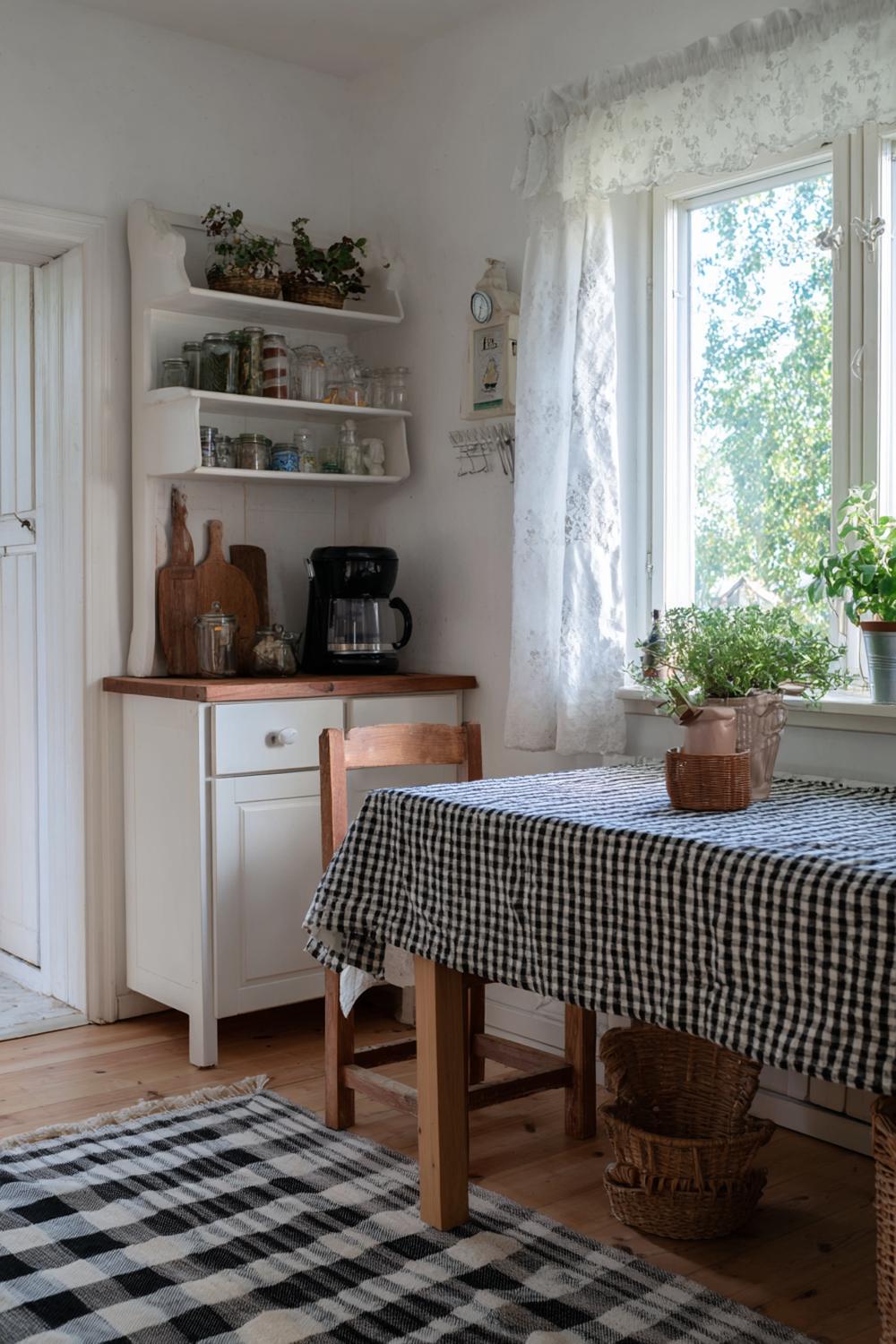 18. Kaffeeecke im Landhausstil mit kariertem Stoffläufer und Keramikkanister