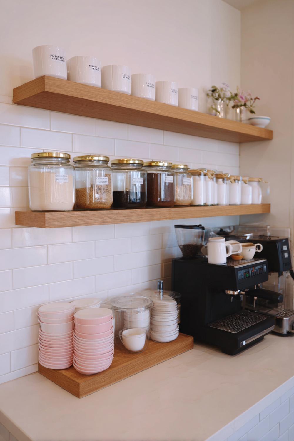 2. Kaffeeecke mit Wandregal über der Maschine und beschrifteten Vorratsgläsern