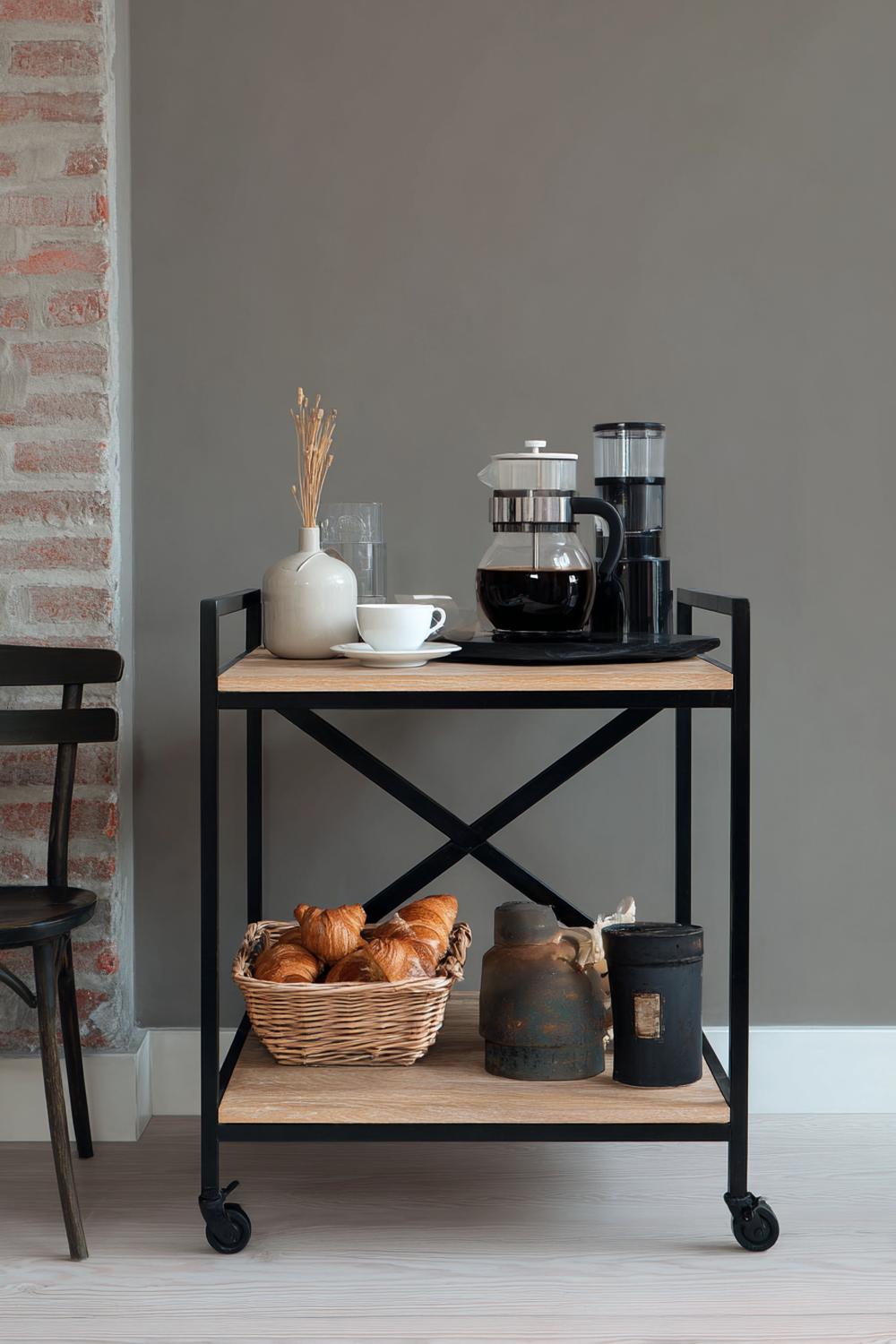 4. Kaffeeecke im Industrial-Look mit schwarzem Metallregal und Beton-Accessoires