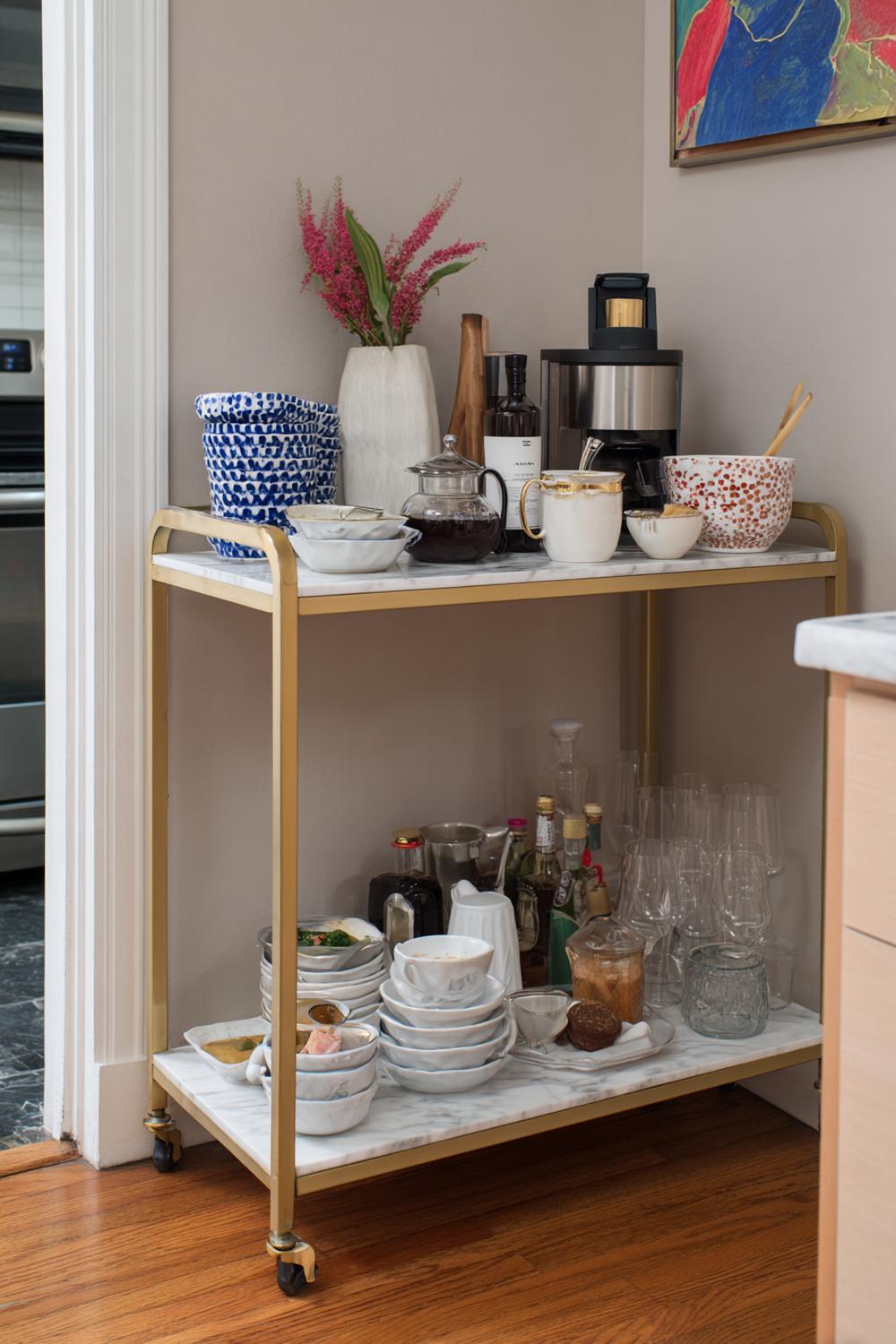 7. Kaffeeecke mit Barwagen auf Rollen und zweistufigem Servierständer
