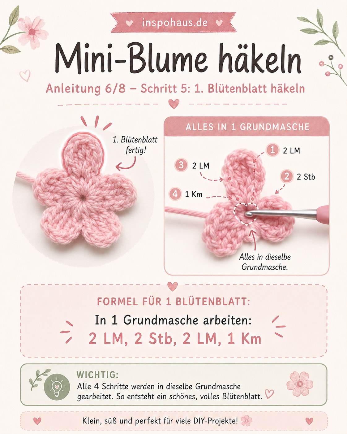 Erstes Blütenblatt häkeln aus 2 Luftmaschen, 2 Stäbchen und 1 Kettmasche in einer Grundmasche