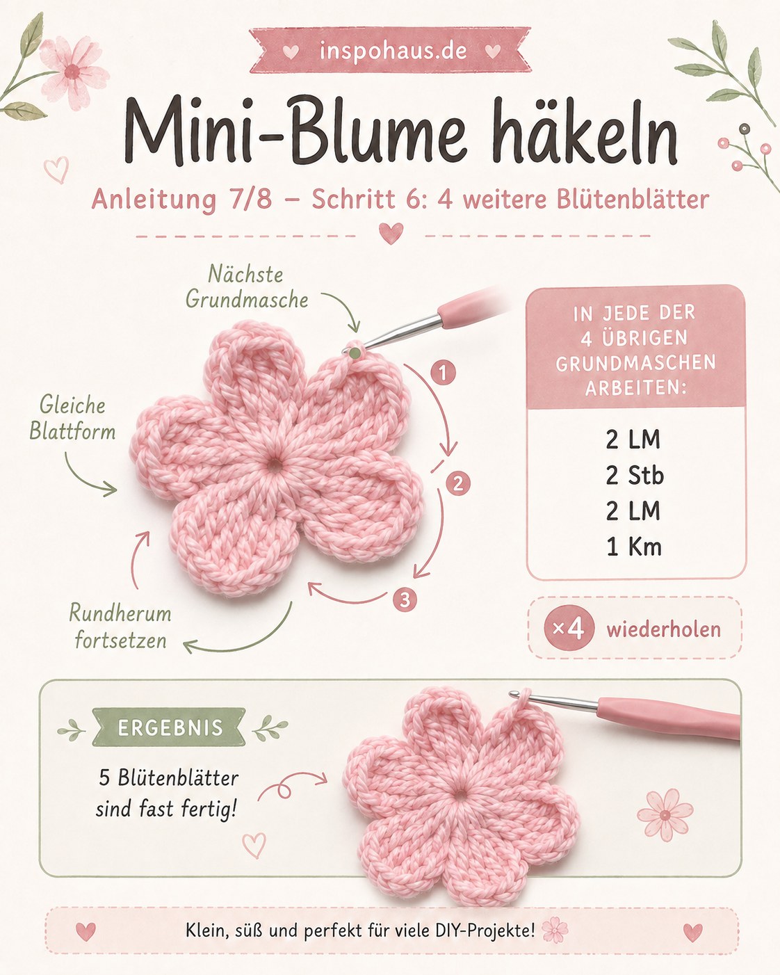 Vier weitere Blütenblätter rundherum häkeln, fast fertige Fünf-Blütenblatt-Form der Mini-Blume
