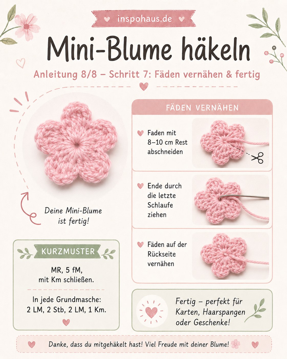 Fäden vernähen am Ende der kleine Blume häkeln Anleitung, fertige rosa Mini-Blume