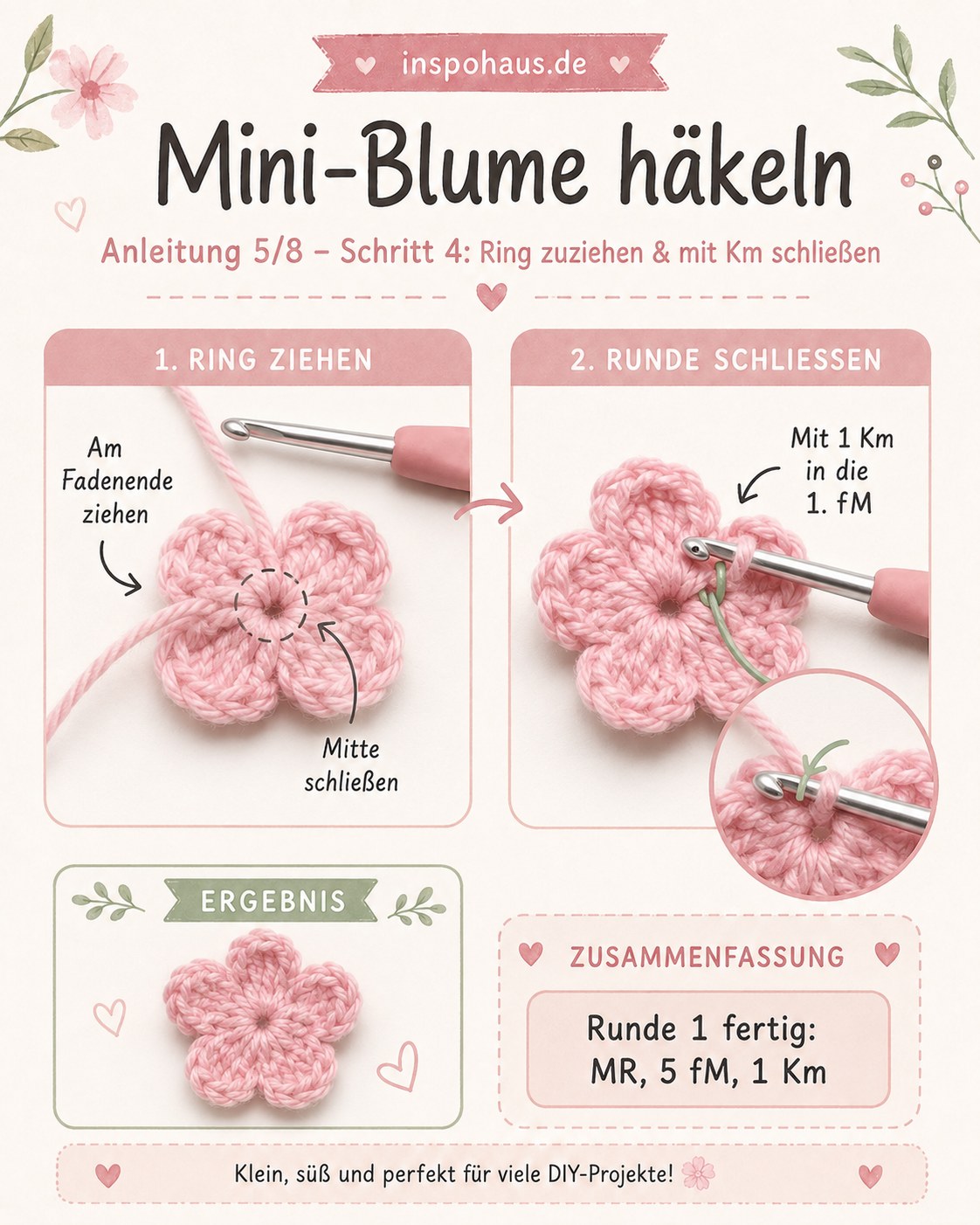Ring zuziehen und Runde mit Kettmasche schließen, fertiger Maschenkranz der Mini-Blume