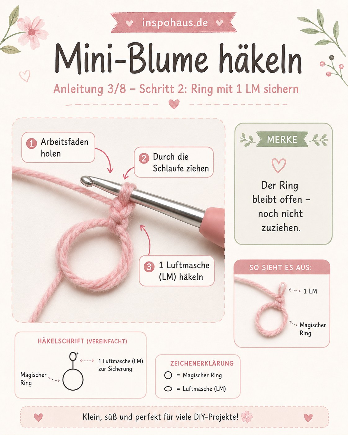 Ring mit einer Luftmasche sichern beim Häkeln der Mini-Blume, Häkelnadel im Fadenring
