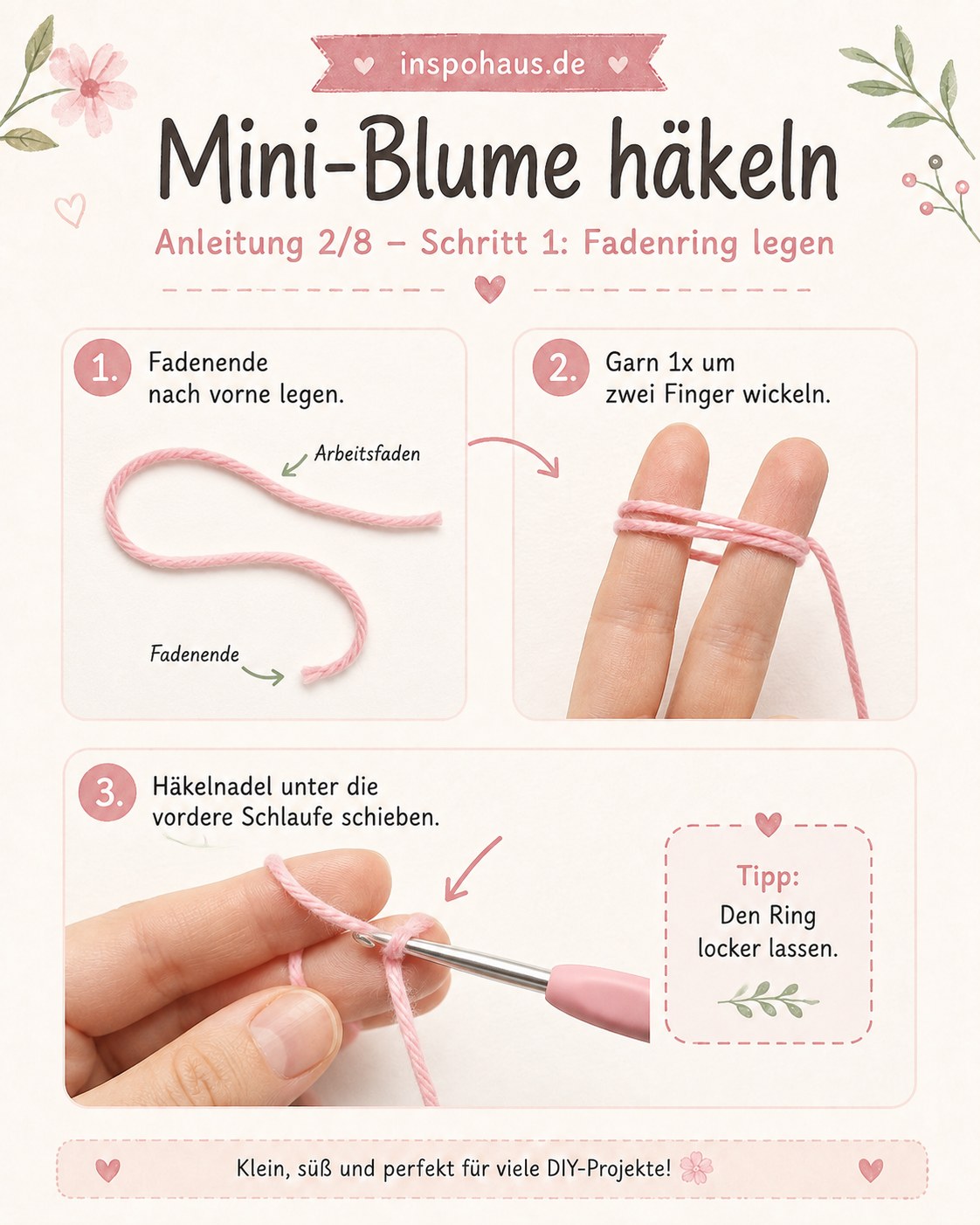 Fadenring legen als erster Schritt beim kleine Blume häkeln, Garn um zwei Finger gewickelt