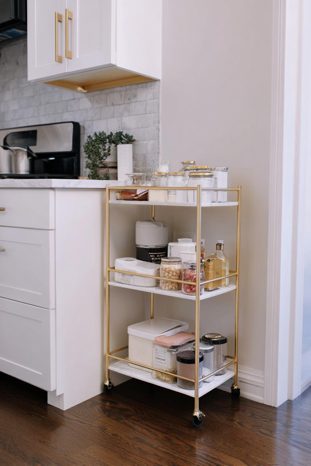 17. Kleine Küche Nischen-Organisation mit schmalem Rollwagen