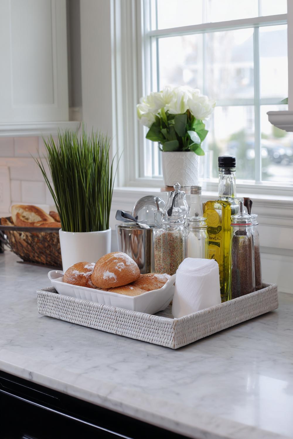 4. Kleine Küche Arbeitsplatten-Organisation mit Tablett-Zone