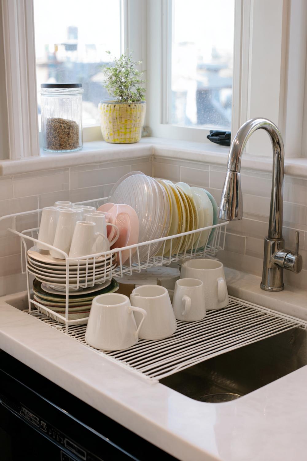 8. Kleine Küche Spüle-Organisation mit schmalem Abtropfgestell