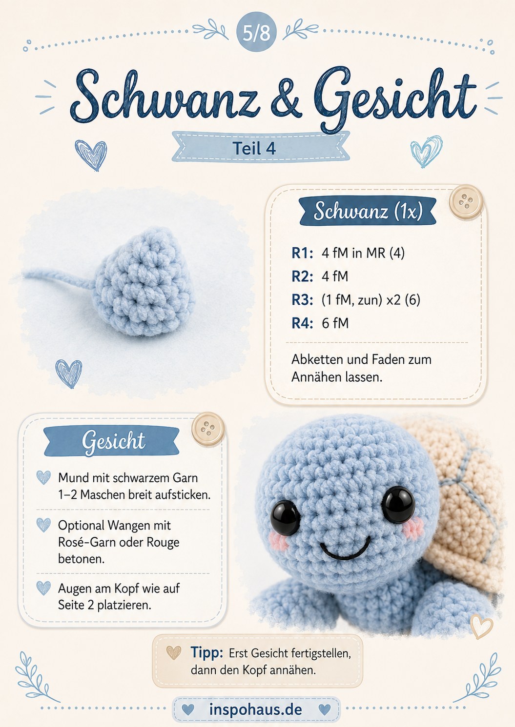 Kleiner Schwanz und gesticktes Gesicht mit optionalen rosa Wangen für die Amigurumi-Schildkröte