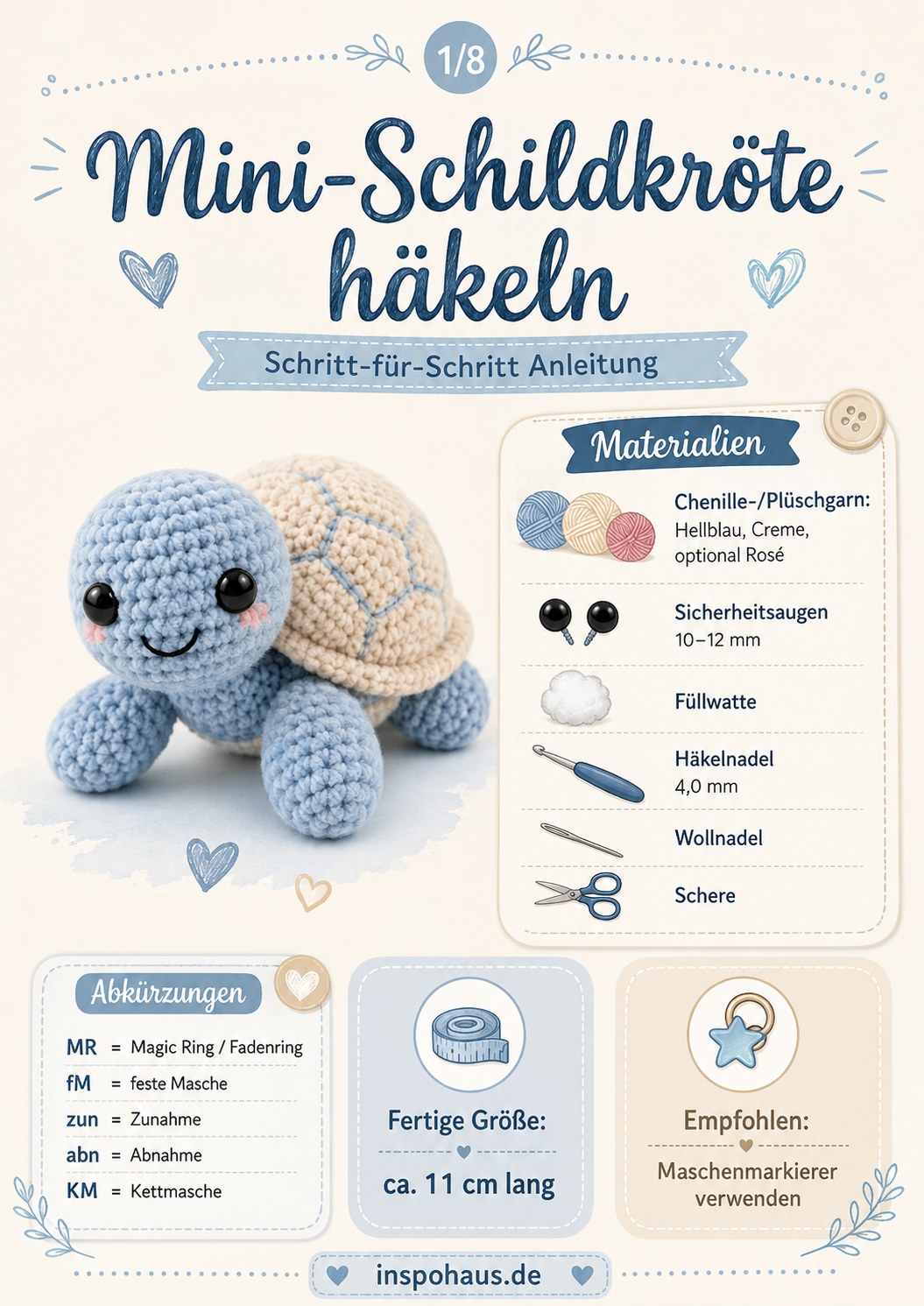 Materialübersicht für die kleine Schildkröte häkeln Anleitung mit Garn, Sicherheitsaugen und Häkelnadel
