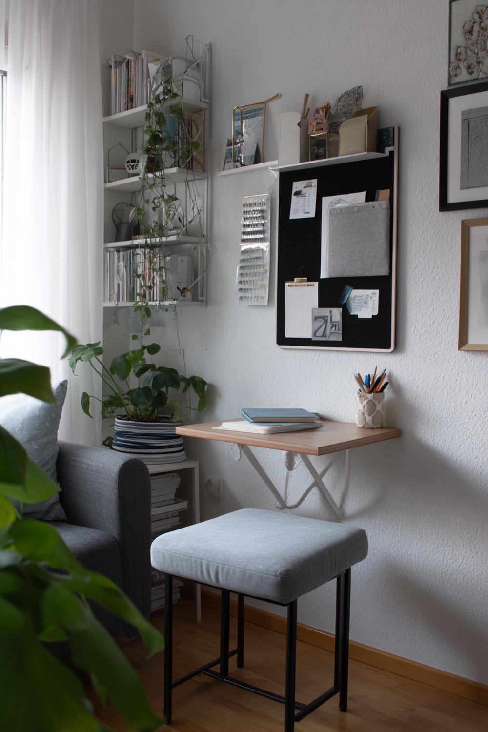 10. Kleines Wohnzimmer einrichten Idee: Klappbarer Wandtisch als Mini-Homeoffice mit Pinboard und Hocker