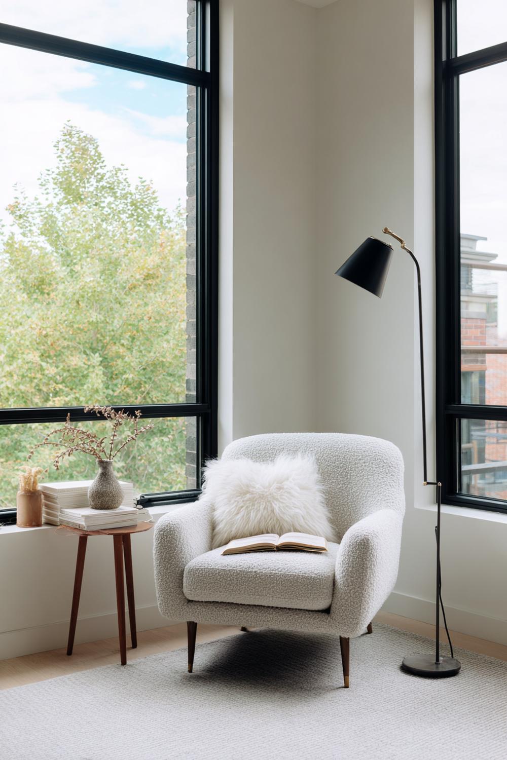 2. Kleines Wohnzimmer einrichten Idee: Fensterbank-Leseecke mit Bouclé-Sessel und Stehlampe