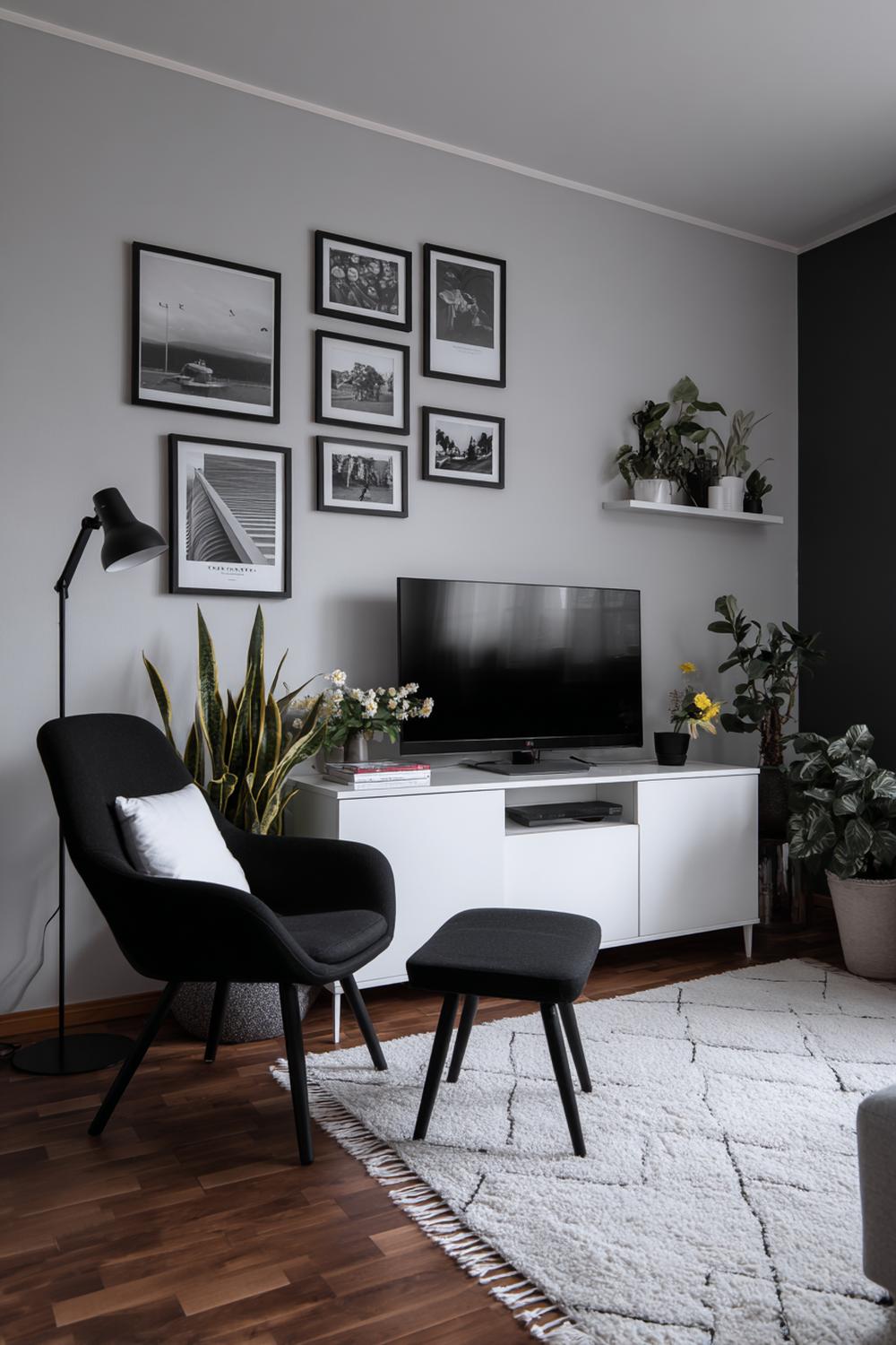 3. Kleines Wohnzimmer einrichten Idee: TV-Wand mit Lowboard, Kabelkanal und Galerie in Schwarzweiß