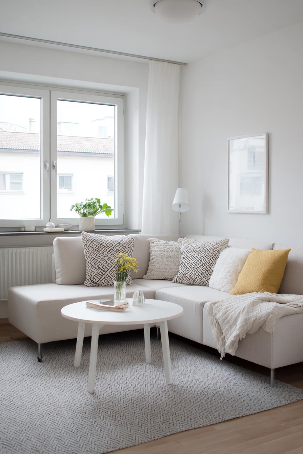 4. Kleines Wohnzimmer einrichten Idee: Ecksofa in L-Form mit Rundtisch und texturierten Kissen