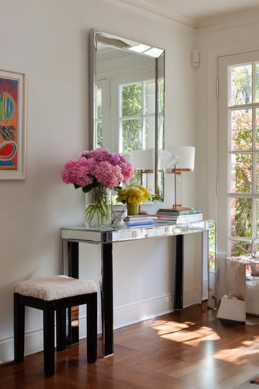 5. Kleines Wohnzimmer einrichten Idee: Spiegel gegenüber dem Fenster mit schmalem Konsolentisch