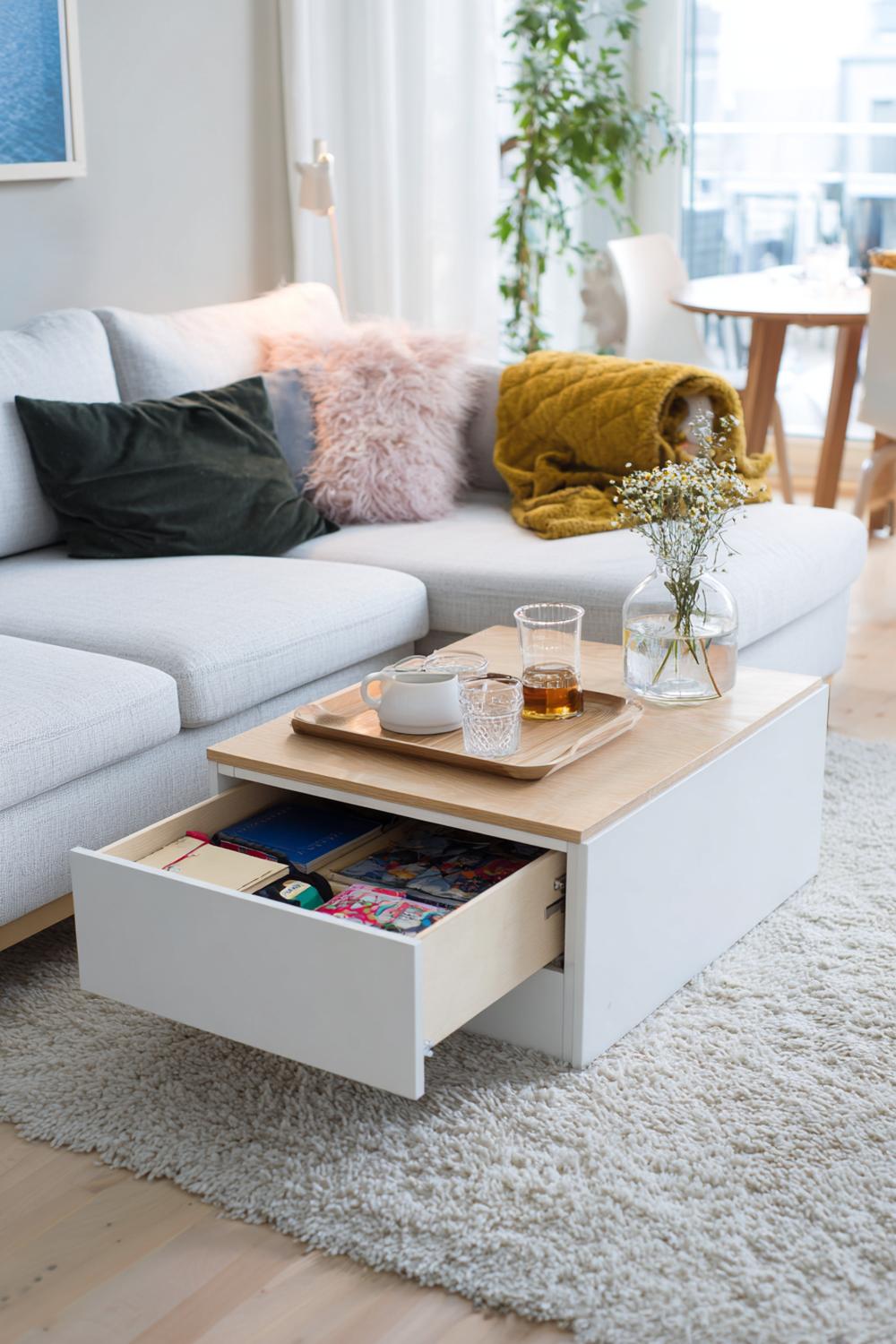 6. Kleines Wohnzimmer einrichten Idee: Multifunktionshocker als Couchtisch mit Tablett und Stauraum
