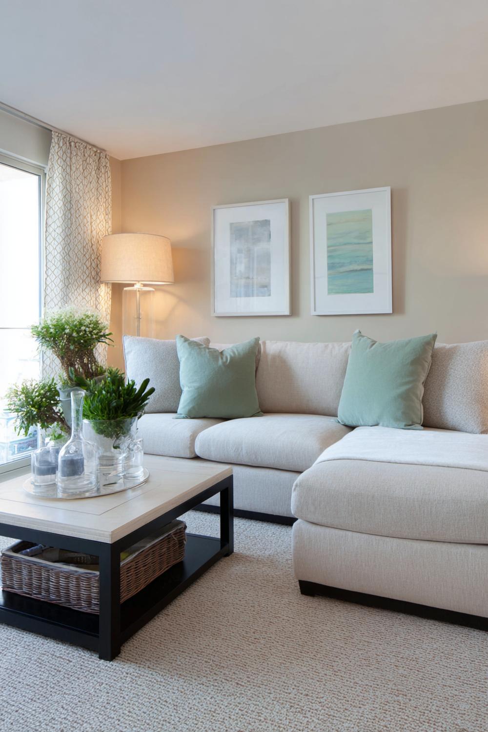 7. Kleines Wohnzimmer einrichten Idee: Farbkonzept in Sand und Salbei mit Akzentwand hinter dem Sofa