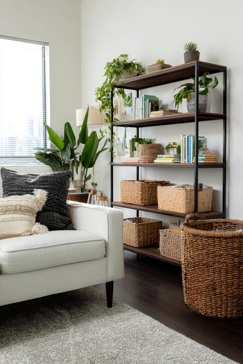 8. Kleines Wohnzimmer einrichten Idee: Offenes Regal als Raumteiler mit Körben und Pflanzenebenen
