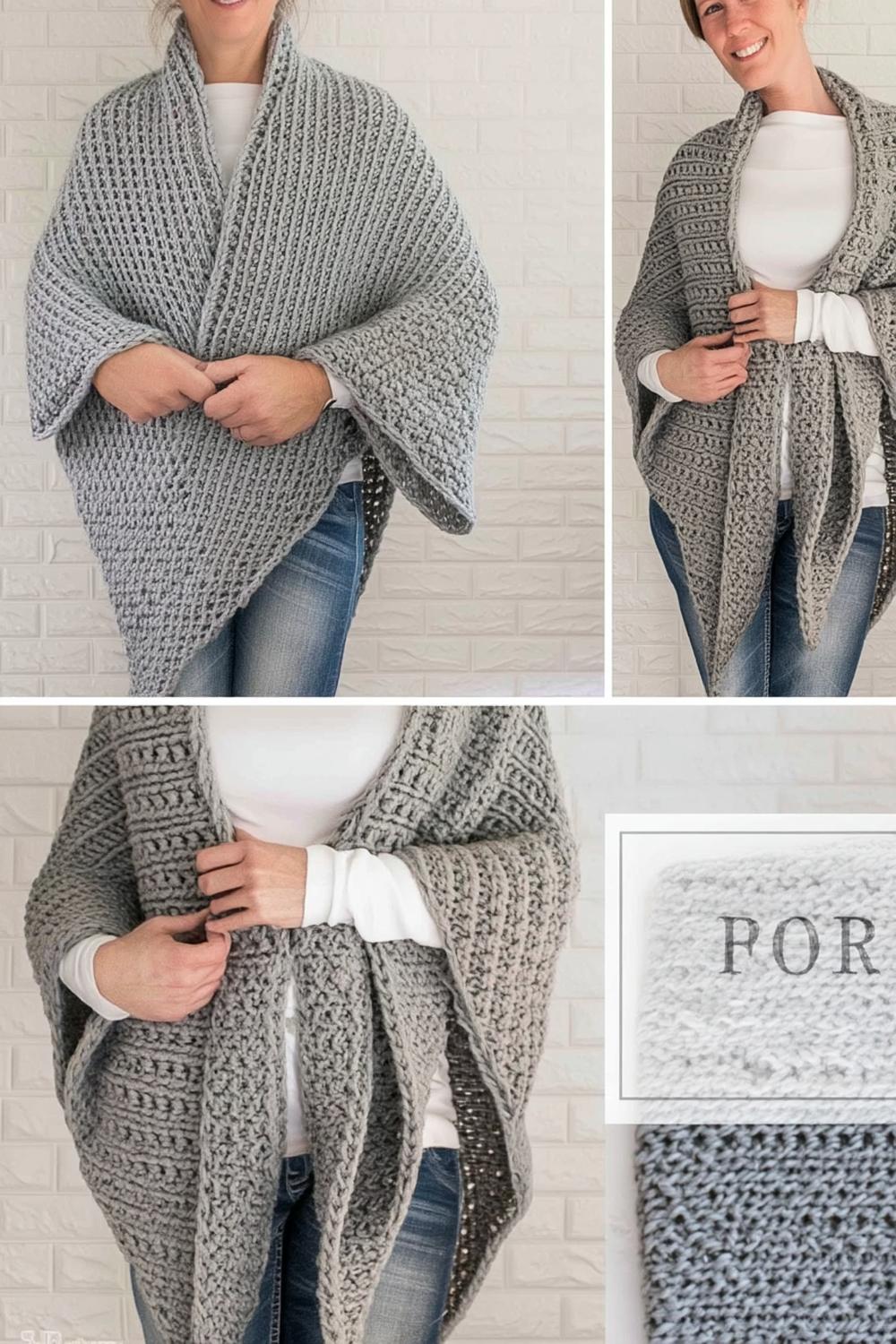 Grauer Häkel-Poncho mit Bindung