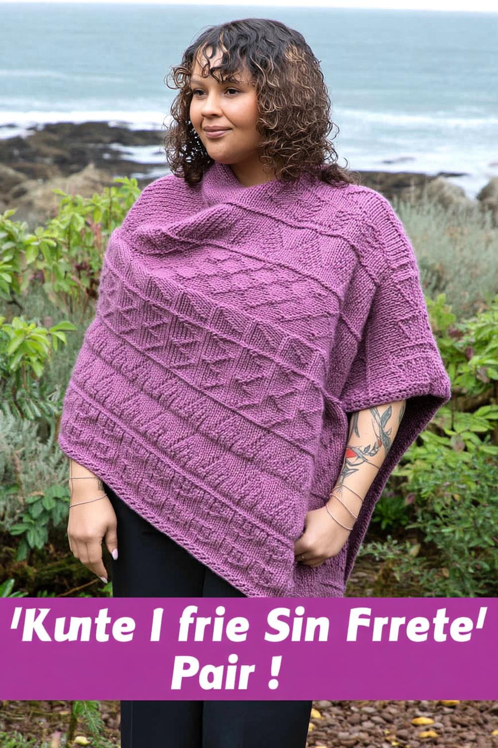 Violetter Poncho mit Zopfmuster
