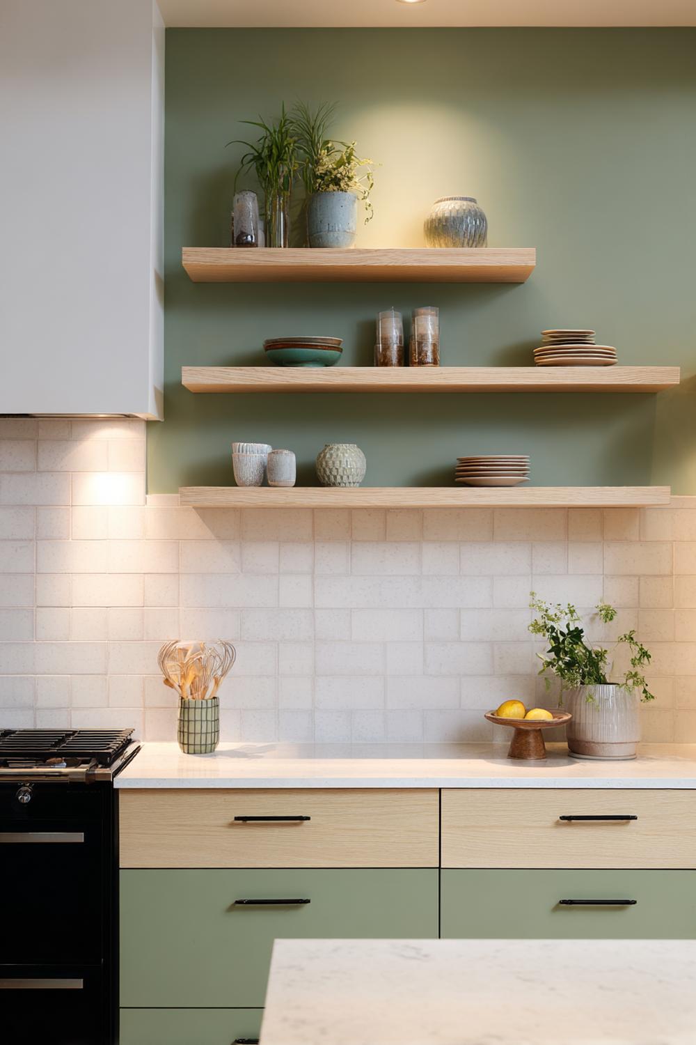 10. Küche Deko Ideen modern: Akzentwand in Salbeigrün mit hellen Holzregalen