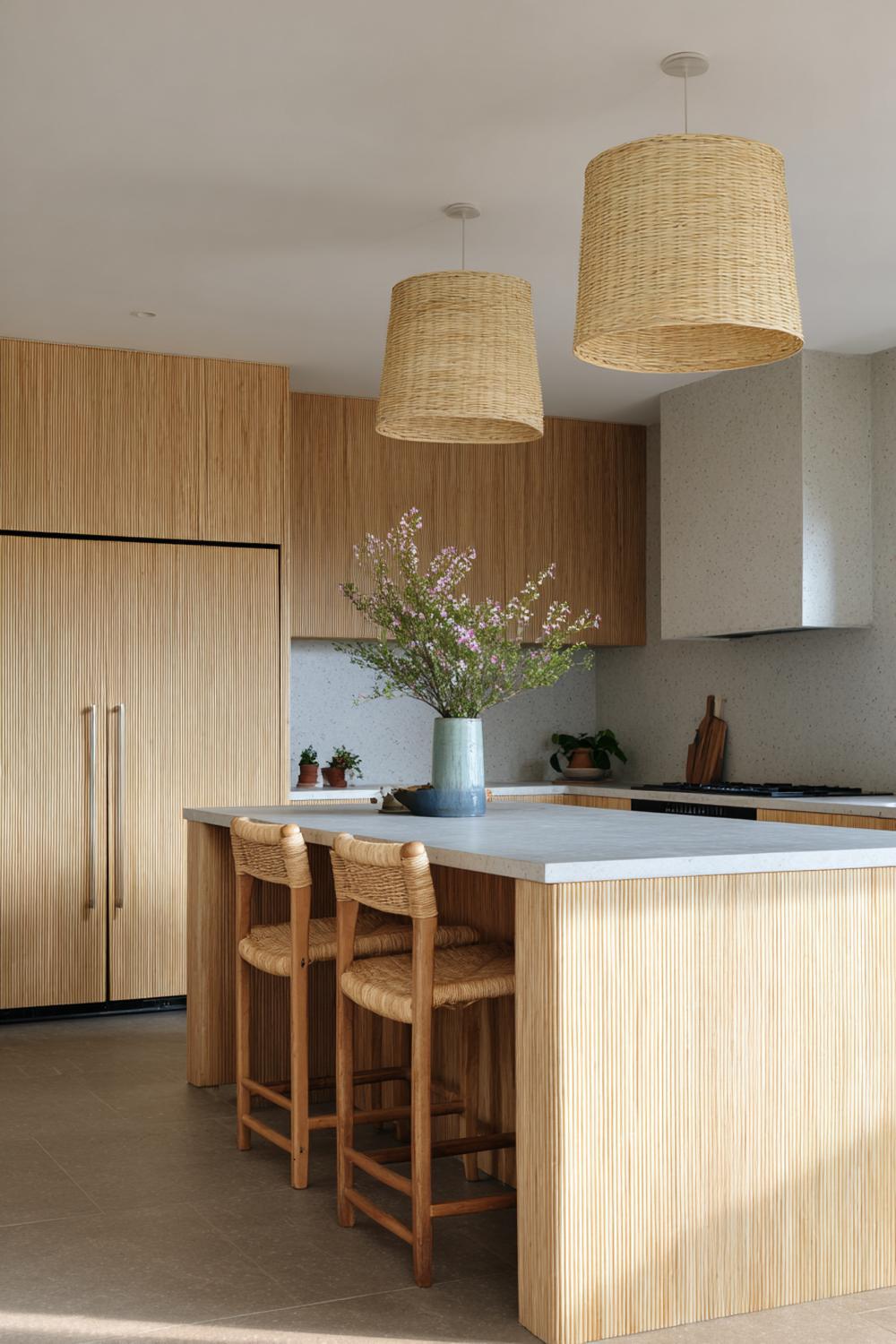 11. Küche Deko Ideen modern: Japandi-Küche mit Bambusdetails und Steintextur