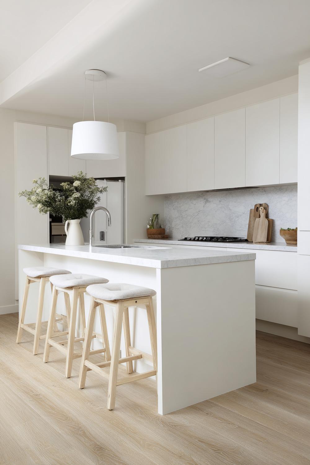 12. Küche Deko Ideen modern: Skandi-Küche mit weißen Flächen und hellem Leinen