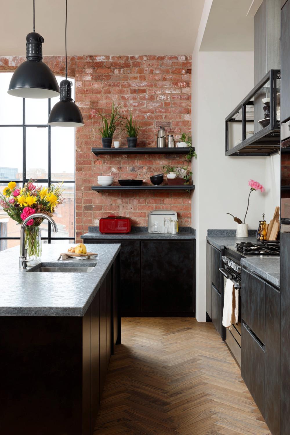 13. Küche Deko Ideen modern: Industrial-Küche mit Ziegeloptik und Stahlregal