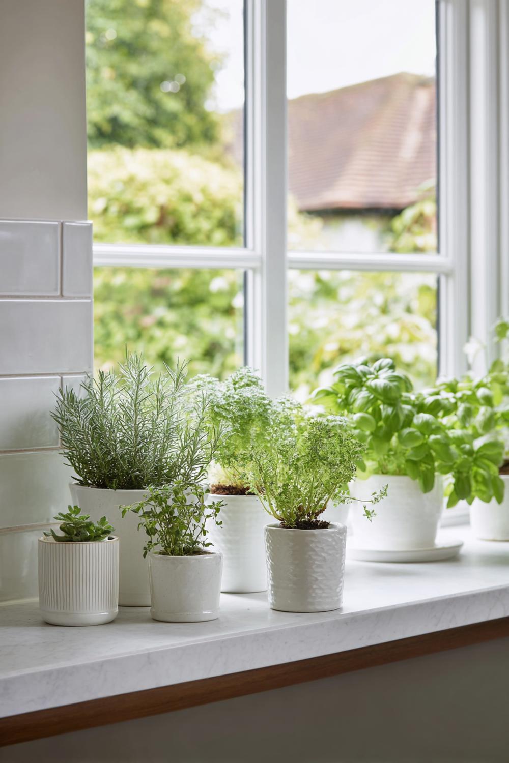 15. Küche Deko Ideen modern: Küchenfensterbank mit Kräutertöpfen in Keramikweiß