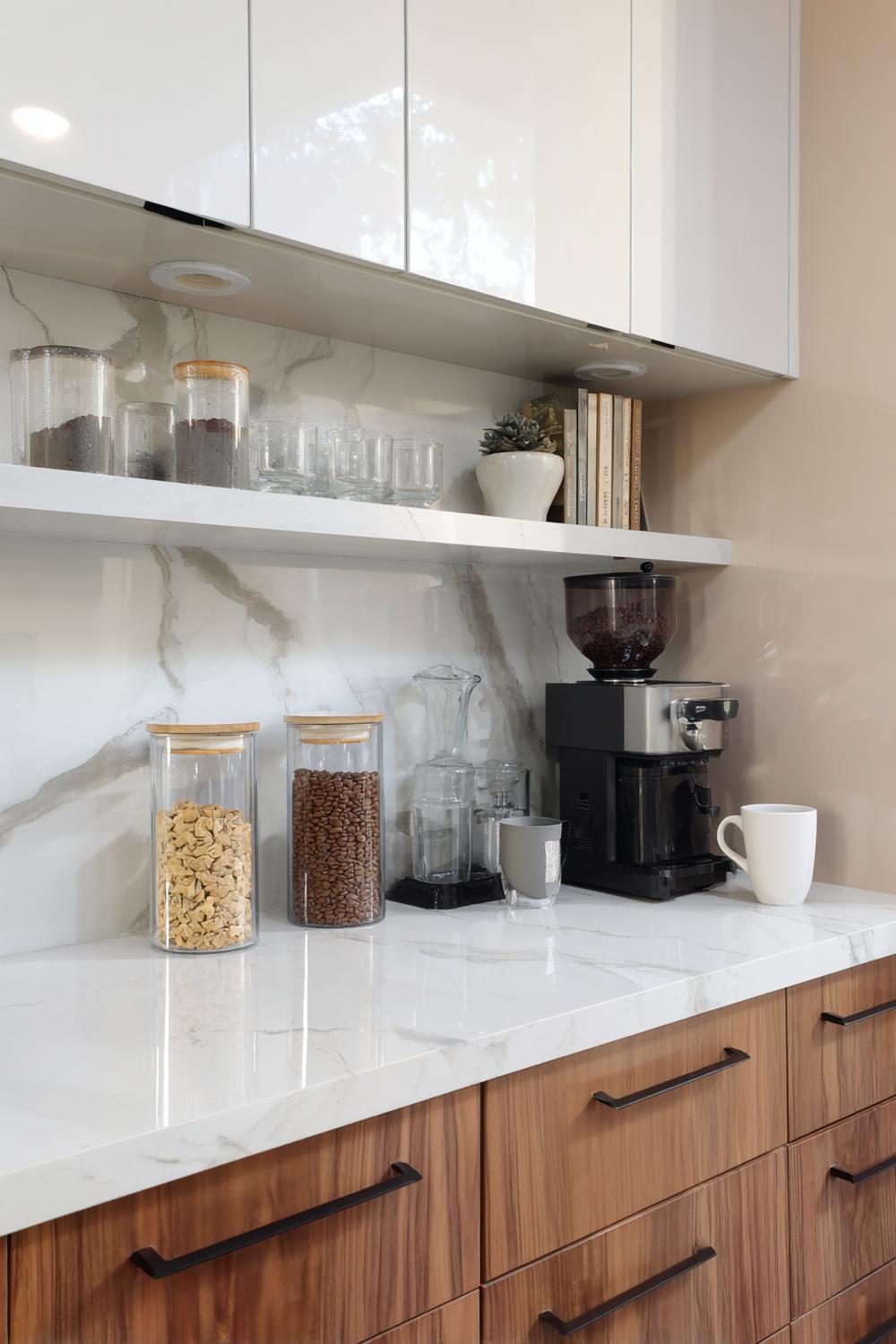 18. Küche Deko Ideen modern: Countertop-Kaffee-Station mit Glasbehältern und Mühle