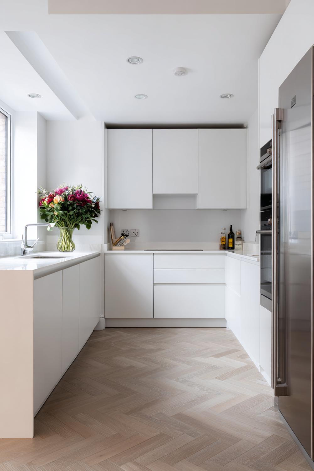 19. Küche Deko Ideen modern: Küchenboden in Fischgrätoptik mit mattem Finish