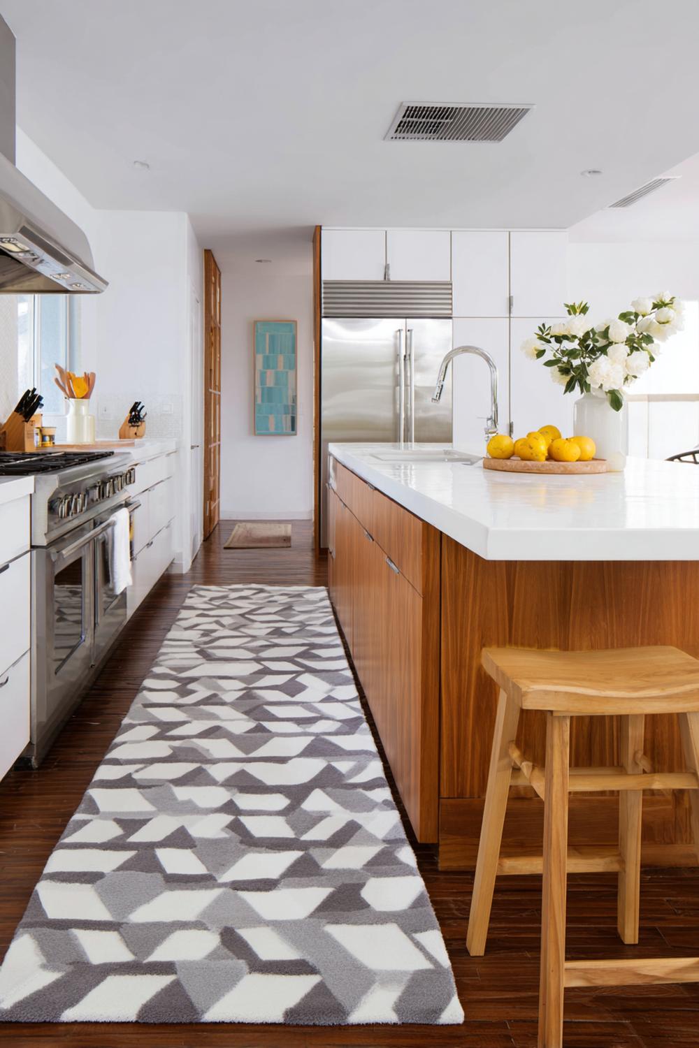 20. Küche Deko Ideen modern: Akzentteppich in der Küche mit geometrischem Muster