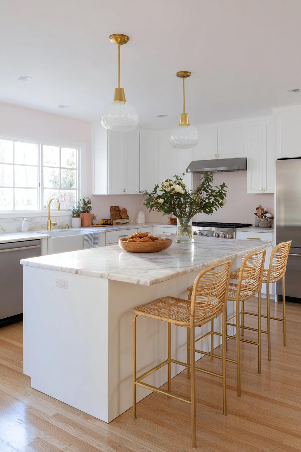 4. Küche Deko Ideen modern: Pendelleuchten über der Insel mit Milchglas und Messing