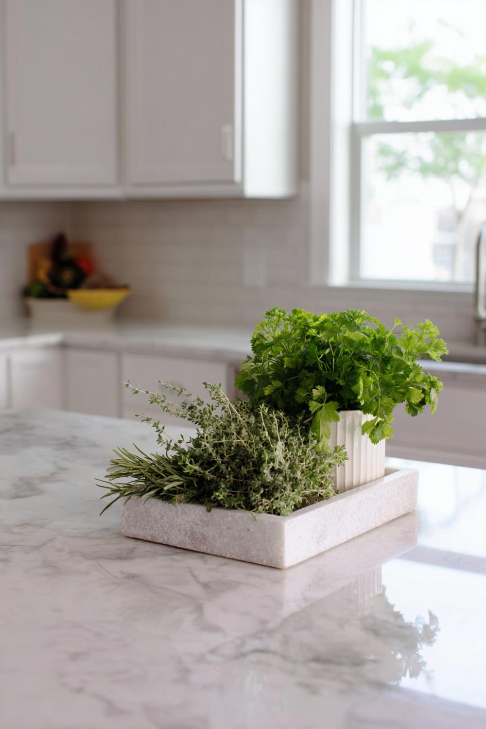 5. Küche Deko Ideen modern: Kücheninsel-Styling mit Steintablett und frischen Kräutern