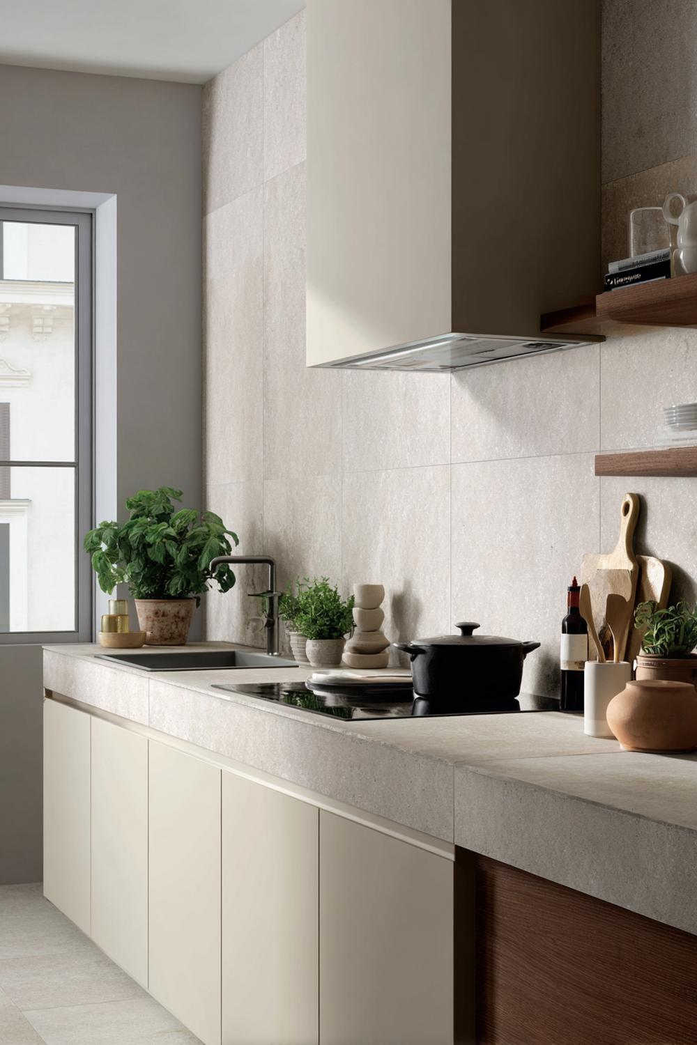 6. Küche Deko Ideen modern: Rückwand aus großformatigem Feinsteinzeug in Betonoptik