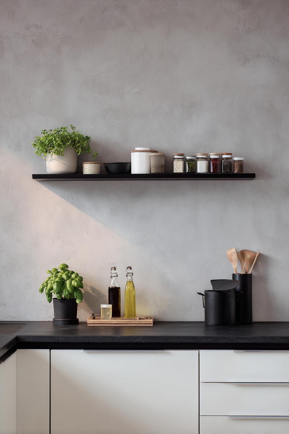 7. Küche Deko Ideen modern: Microcement-Wand mit schwebendem Gewürzboard