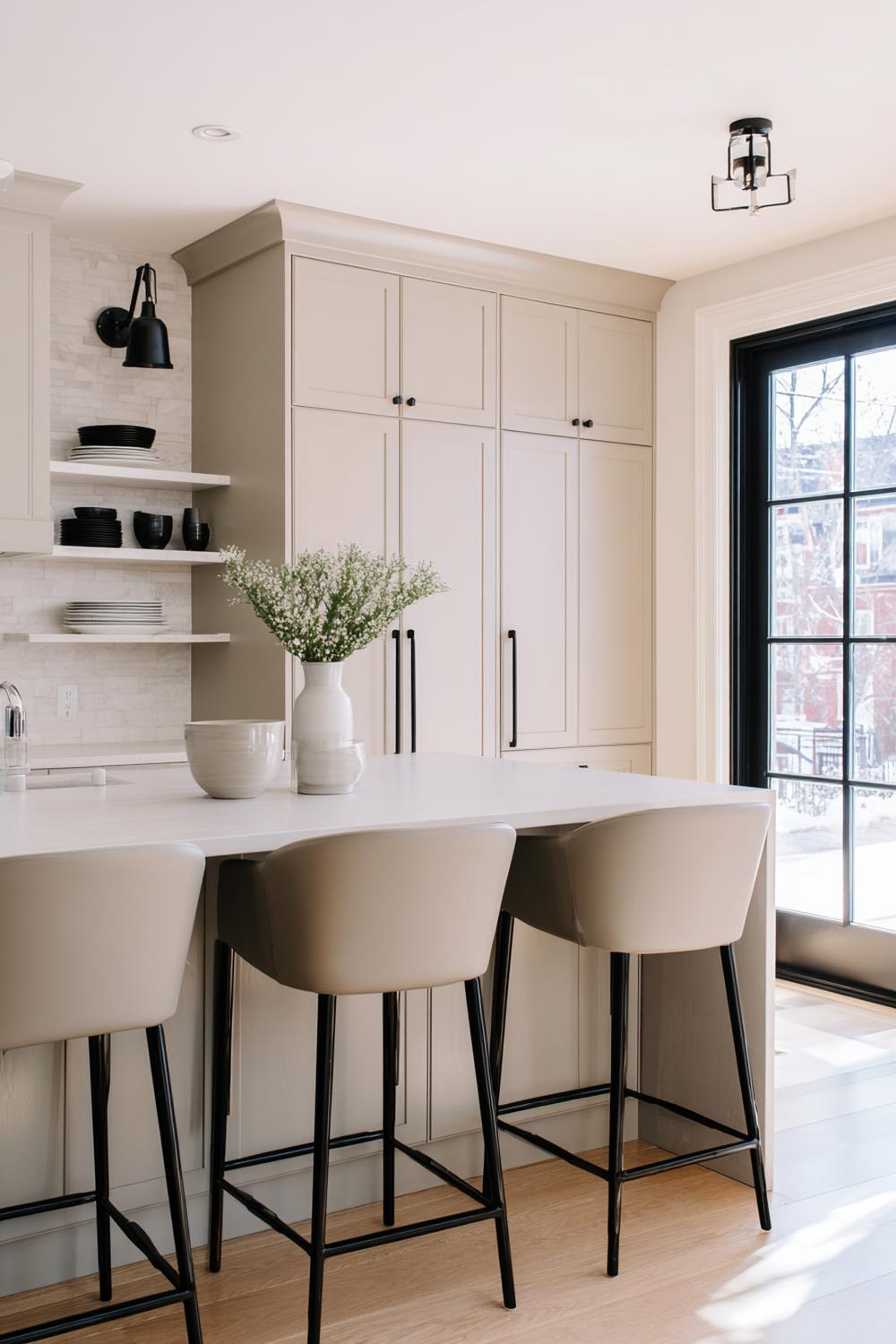 9. Küche Deko Ideen modern: Monochrome Küchenpalette in Greige mit schwarzen Linien