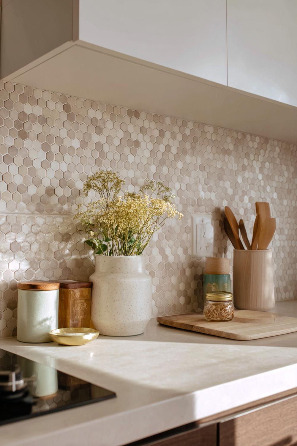 11. Küchenrückwand mit hexagonalen Stick-on Tiles in Naturtönen