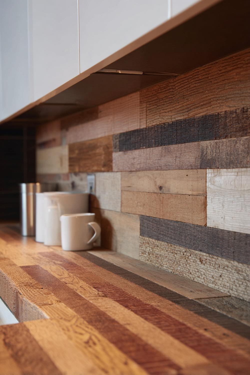 15. Küchenrückwand aus Upcycling-Holz mit sichtbarer Maserung