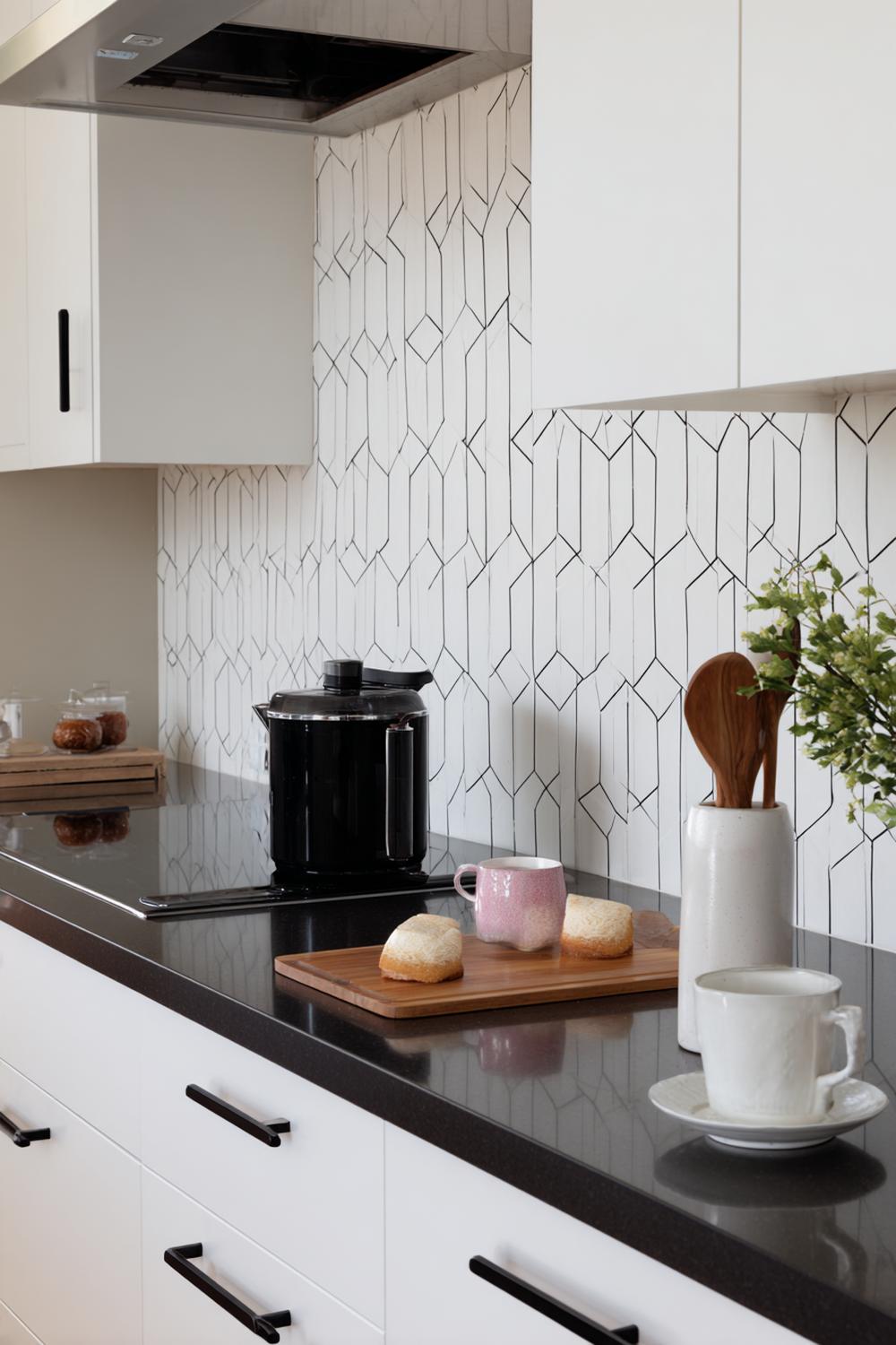 16. Küchenrückwand mit minimalistischem Linienmuster in Schwarz auf Weiß