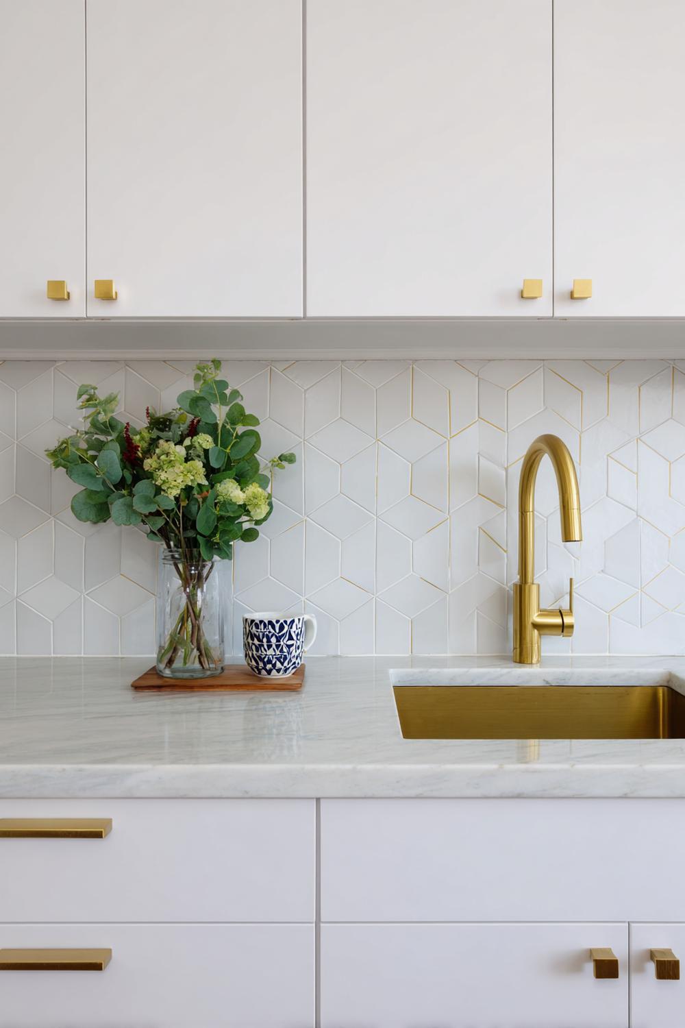 8. Küchenrückwand mit Messing-Akzenten und geometrischen Linien