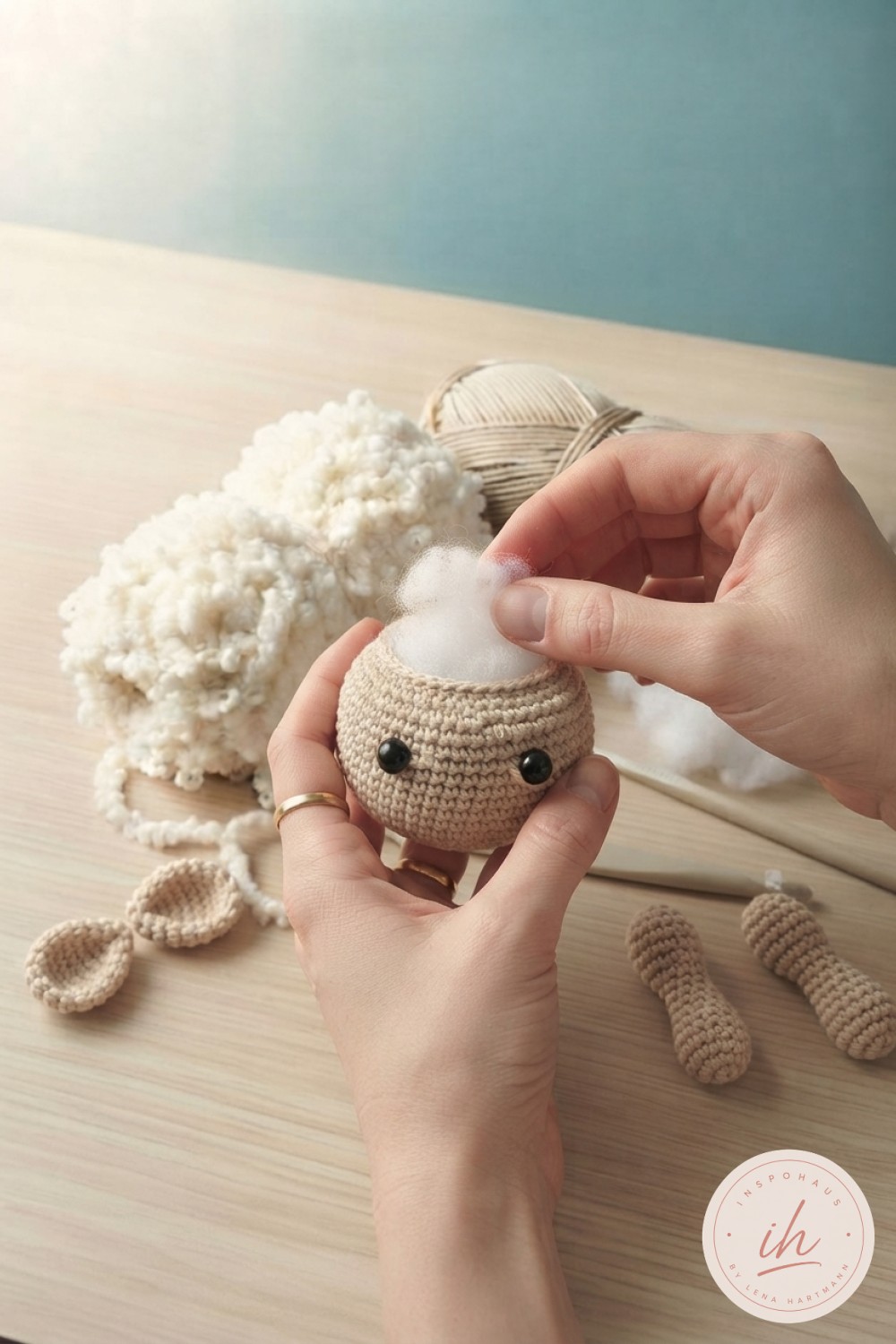 Kopf des Lamm Amigurumi wird mit Füllwatte gestopft, kleine gehäkelte Ohren und Beine liegen schon bereit daneben