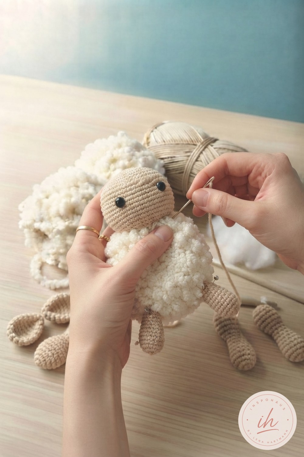 Kopf wird mit Wollnadel an fertigen Bouclé-Körper genäht, Beine für das Lamm Amigurumi provisorisch gesteckt