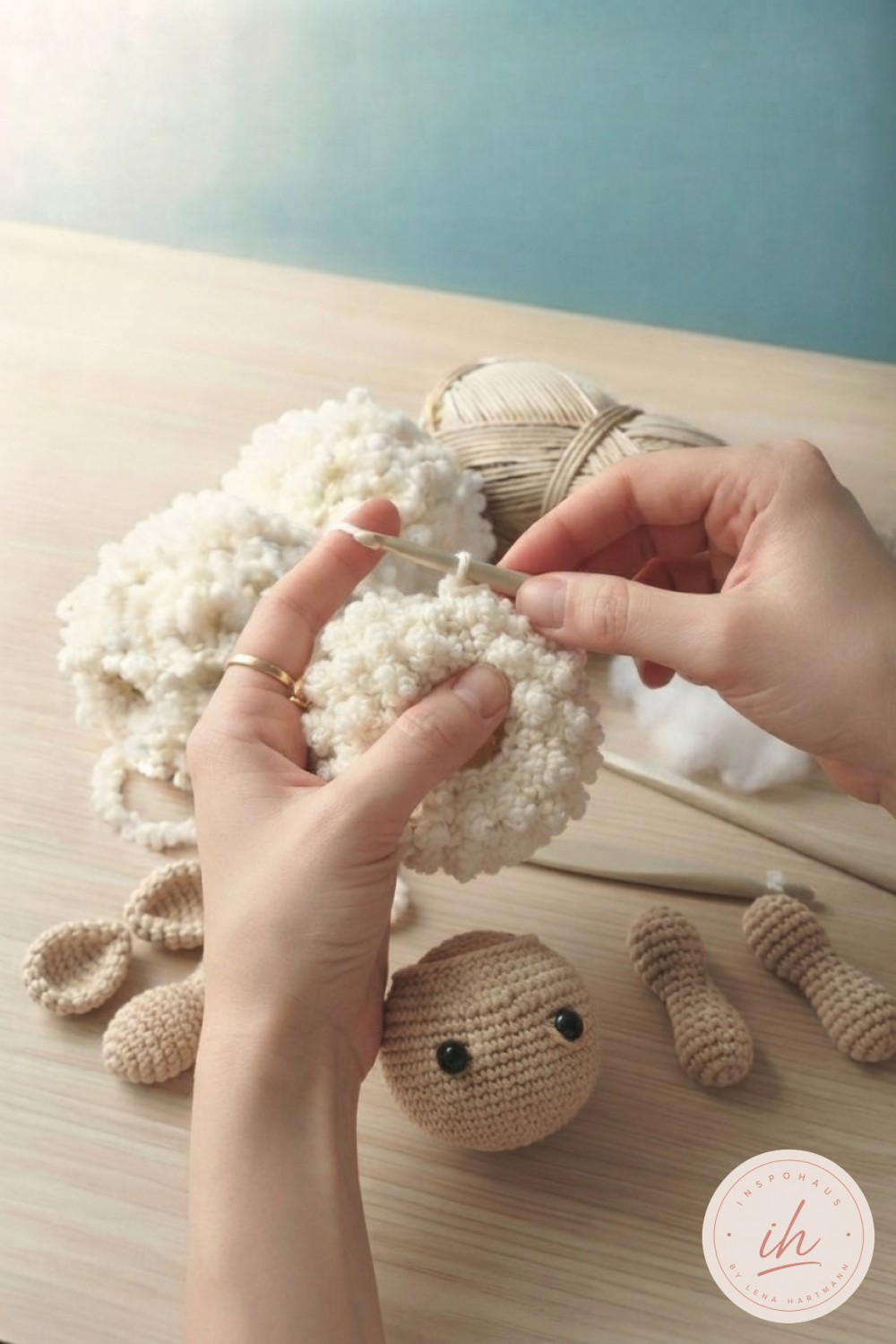 Flauschiger Bouclé-Körper für das Lamm Amigurumi entsteht Runde für Runde, Bommel-Struktur deutlich sichtbar