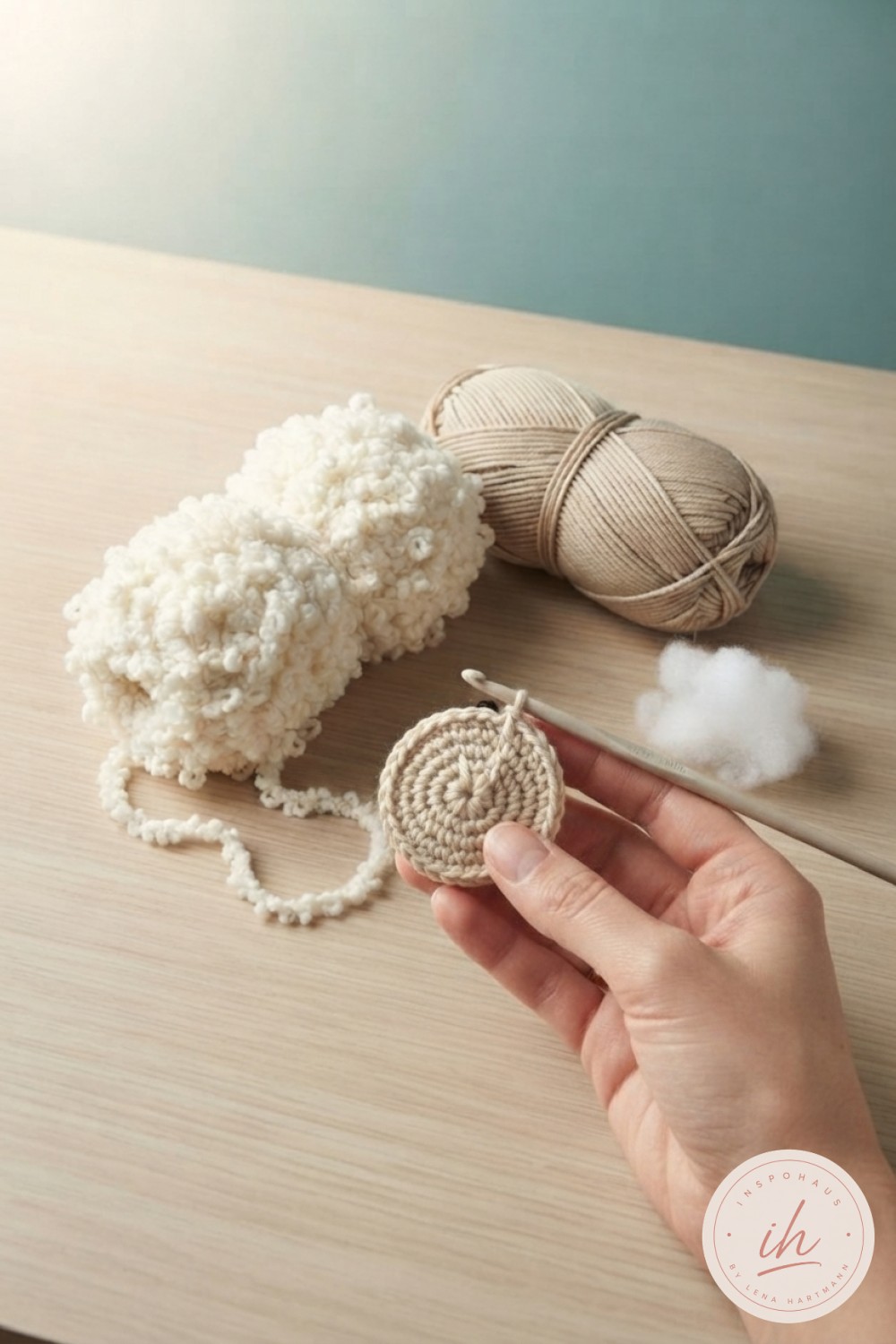 Erste Runden vom Kopf häkeln mit Zauberring für das Lamm Amigurumi, beigefarbenes Garn zwischen den Fingern gehalten
